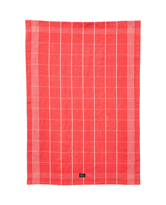 Checked Linen/Cotton Kökshandduk - Coral/white