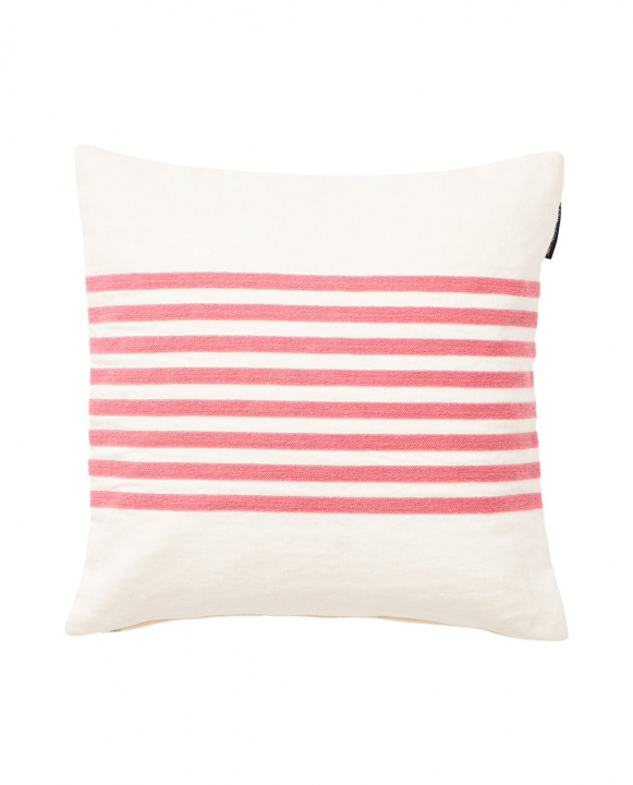 Embroidery Striped Linen/Cotton Kuddfodral - Offwhite/pink