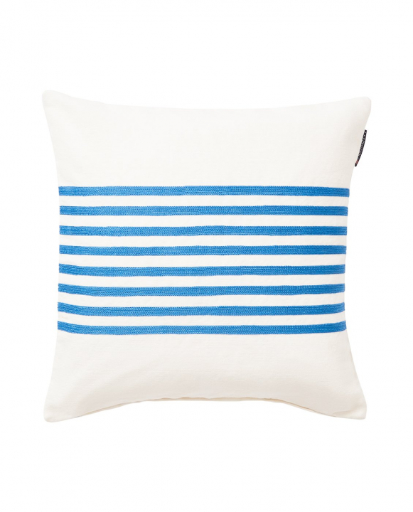 Embroidery Striped Linen/Cotton Kuddfodral - Offwhite/blue