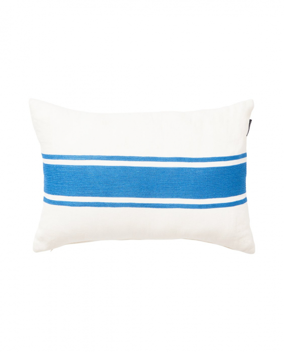 Embroidery Center Striped Linen/Cotton Kudde - Offwhite/blue