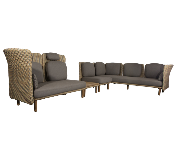 Arch hörnsoffa med låg+hög arm/ryggstöd & bord - natural/taupe dyn