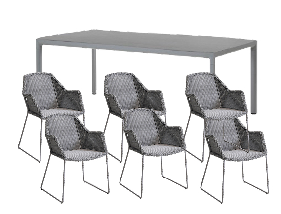Demoex - Drop matbord 200x100 + 6st Breeze karmstolar (exkl. dyna) - light grey