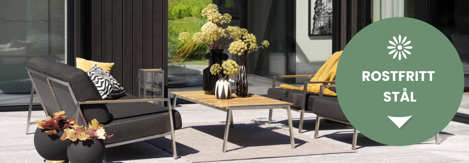 Två stilrena soffor och ett bord i rostfritt stål i utomhus miljö