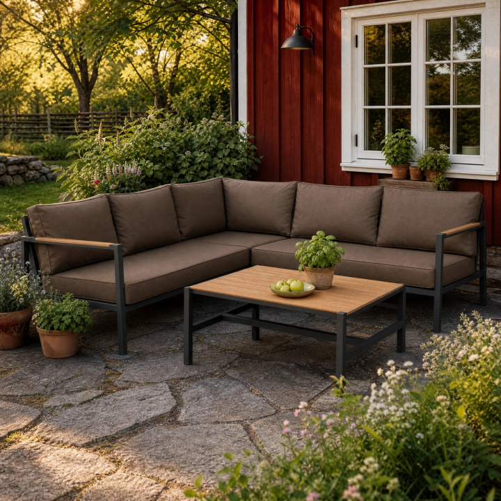 Cap hörnsoffa Small inkl. bord - antracit/brun dyna i gruppen Utemöbler / Loungemöbler / Loungegrupper / Färdiga paket hos Sommarboden i Höllviken AB (2764-73-66)
