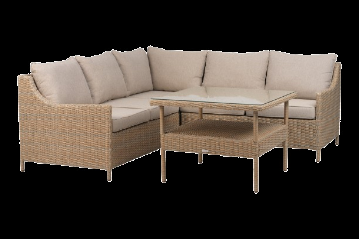 Verona hörnsoffa inkl. bord - beige/plush wheat dyna i gruppen Utemöbler / Loungemöbler / Loungegrupper / Färdiga paket hos Sommarboden i Höllviken AB (3935-29-277)