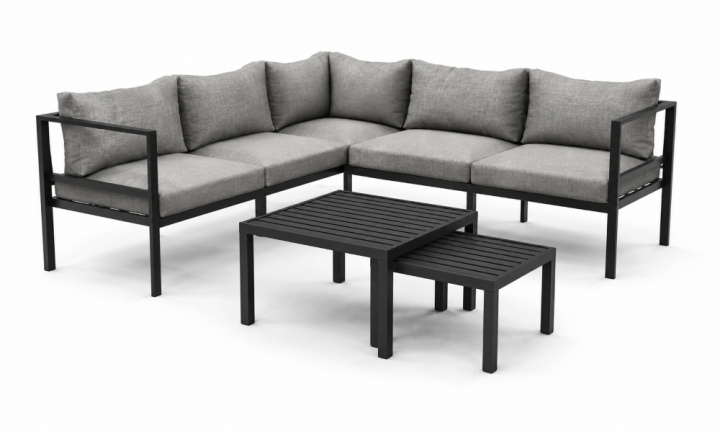 Lenny hörnsoffa / Sky satsbord - svart/grå dyna i gruppen Utemöbler / Loungemöbler / Loungegrupper / Färdiga paket hos Sommarboden i Höllviken AB (Lenny-Sky-svart)